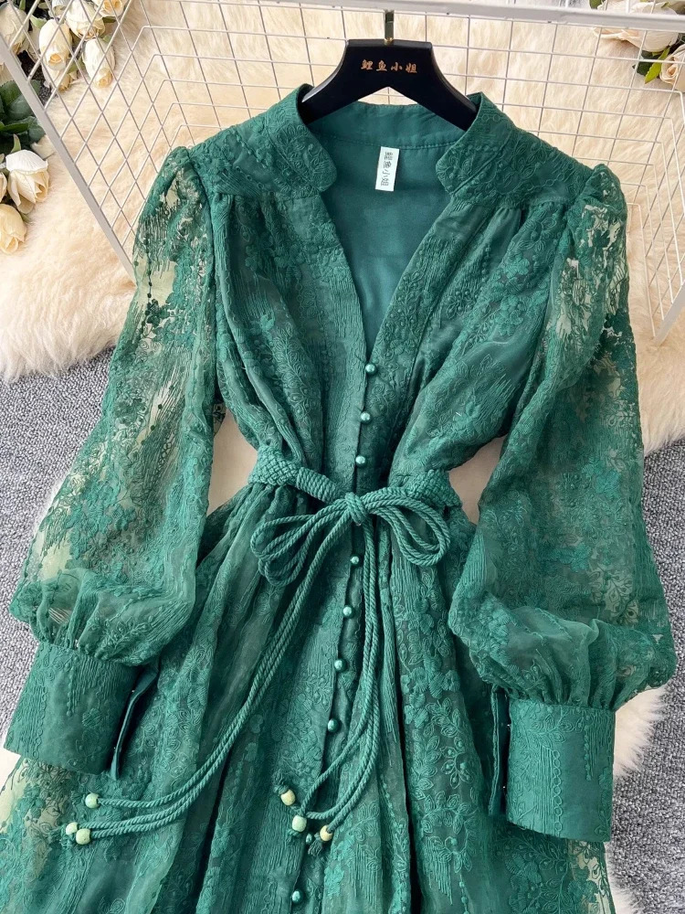 France Elegant Vintage High End Evening Dress Women Embroidery Sashes Long Party Dress Female Casual Fit Chic Clothing 250825