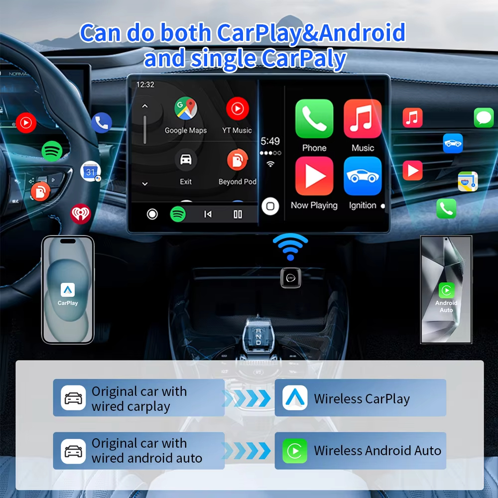 KOWANKIT Wireless CarPlay Android Auto Ai Box, Plug & Play Dongle Converts Wired To Wireless, No Delay, 2in1 Car Accessories, KM12