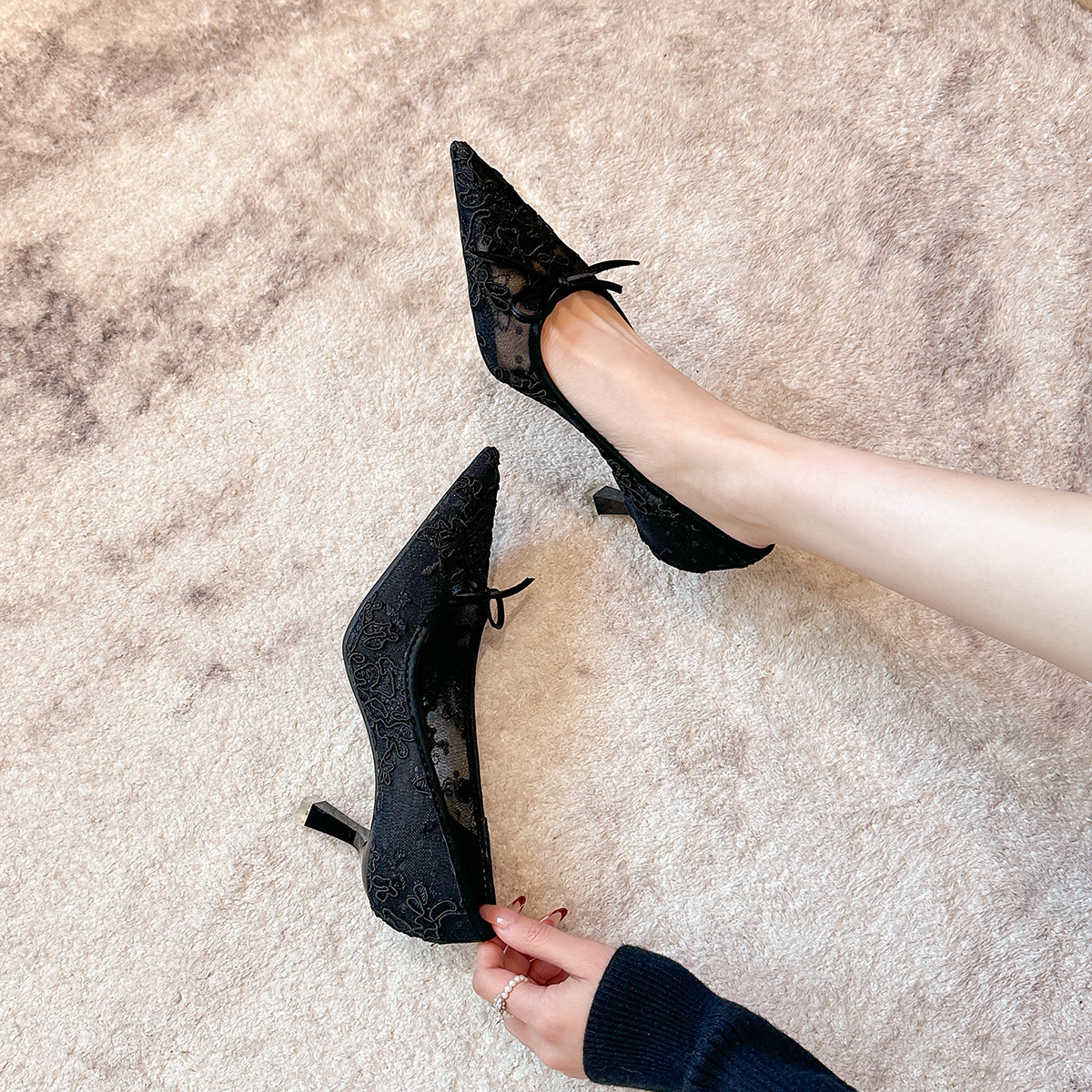 Designer 879-6 French Style Elegant Lace Pointed Toe High Heels Spring Bowknot Mesh Stiletto Party Women's Shoes Bridal Shoes 5c