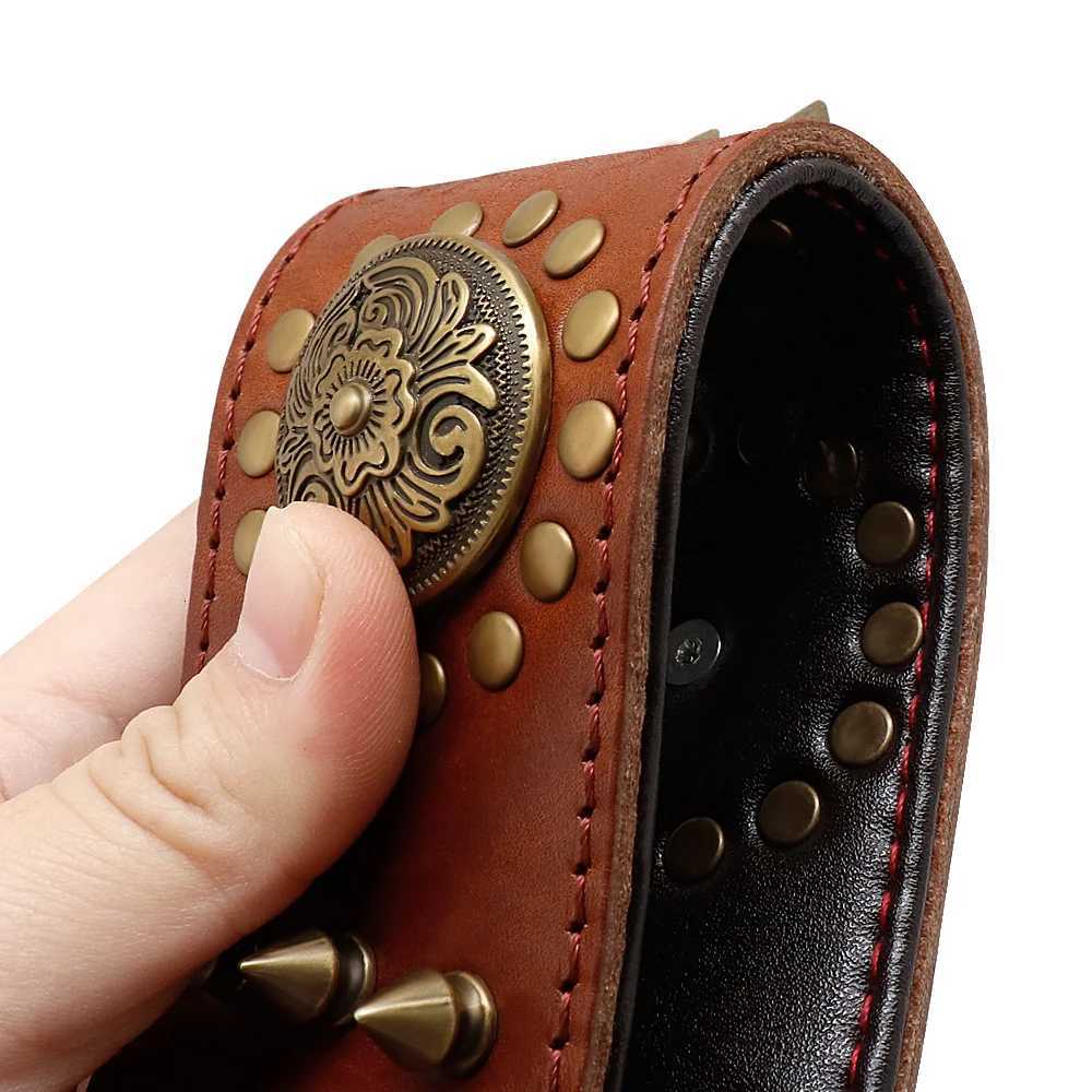 Leather Large Dog Collar Pitbull Spiked Studded Collars for Medium Large Big Dogs Genuine Leather Durable Pet Collar BrownXJ250826