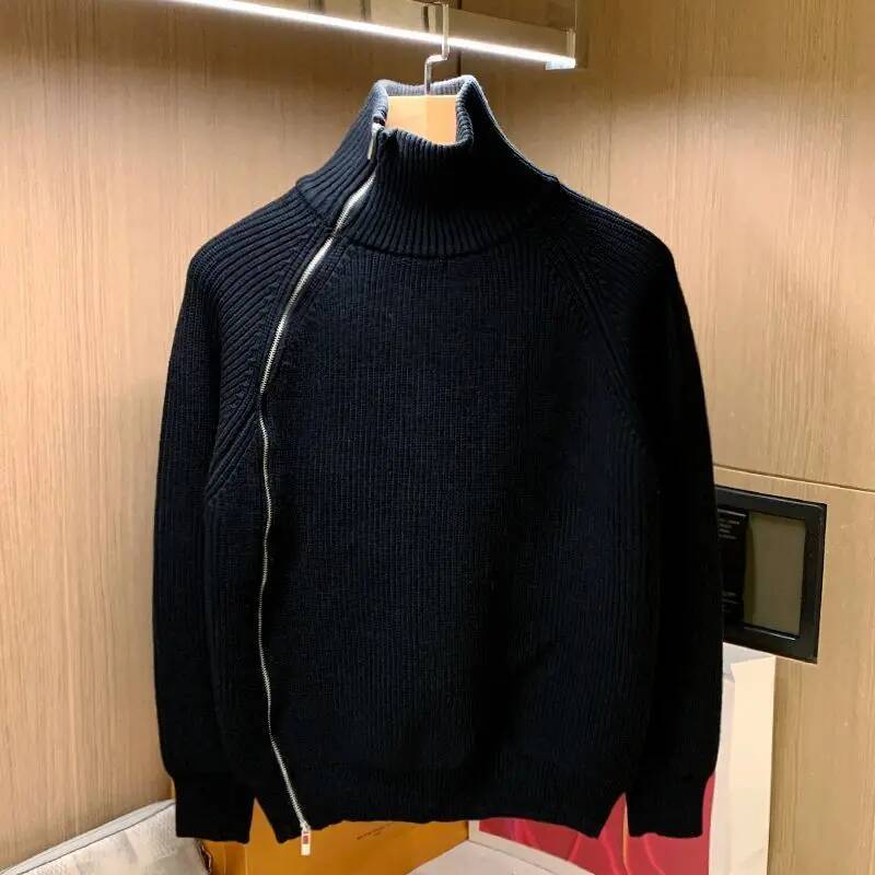2025 Trendy Brand Solid Color Half Turtleneck For Men In Winter Personalized Side Zipper Sweater Design Warm Top