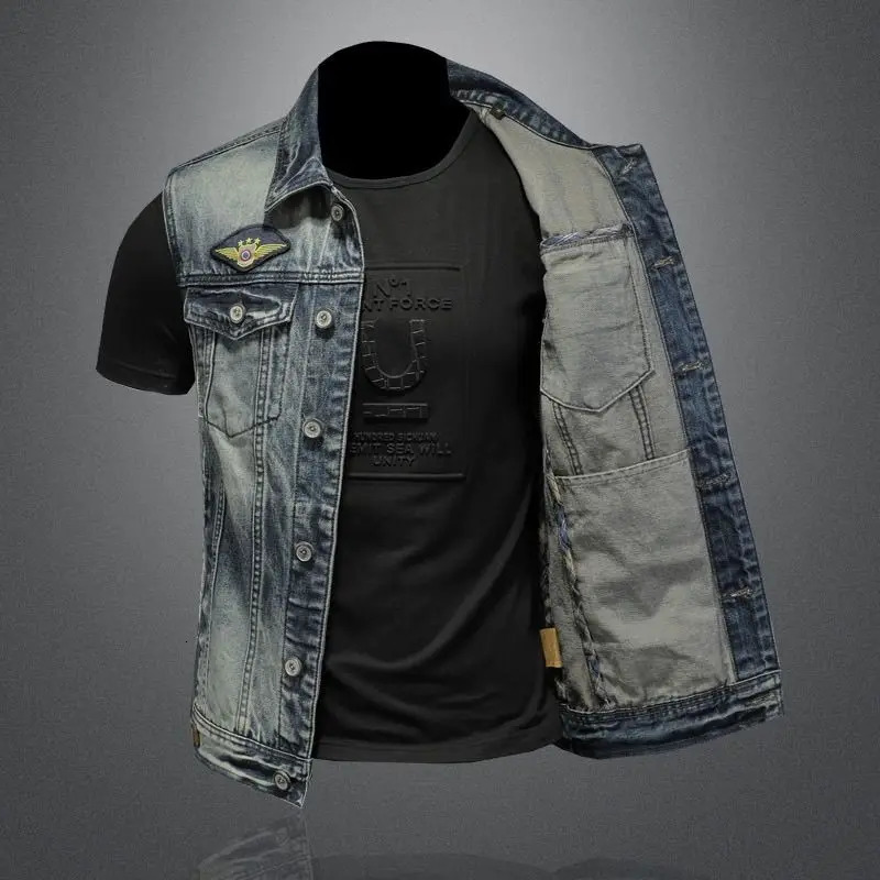 Mens Retro Denim Vest High Street Fashion Slim Fit Handsome Motorcycle Vest Casual Versatile Denim Jacket Mens Clothing 250826