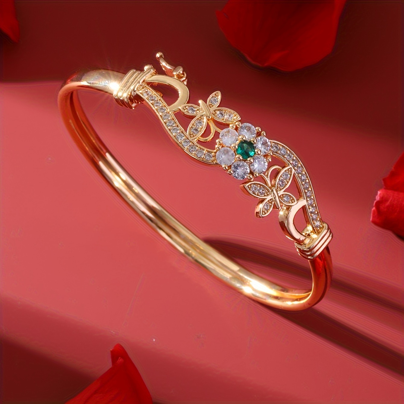 1 Piece Elegant Gold Butterfly Open Bracelet with Shiny Synthetic Zirconia Floral Design - Perfect for Daily Wear, Parties, Proms, Valentine's Da