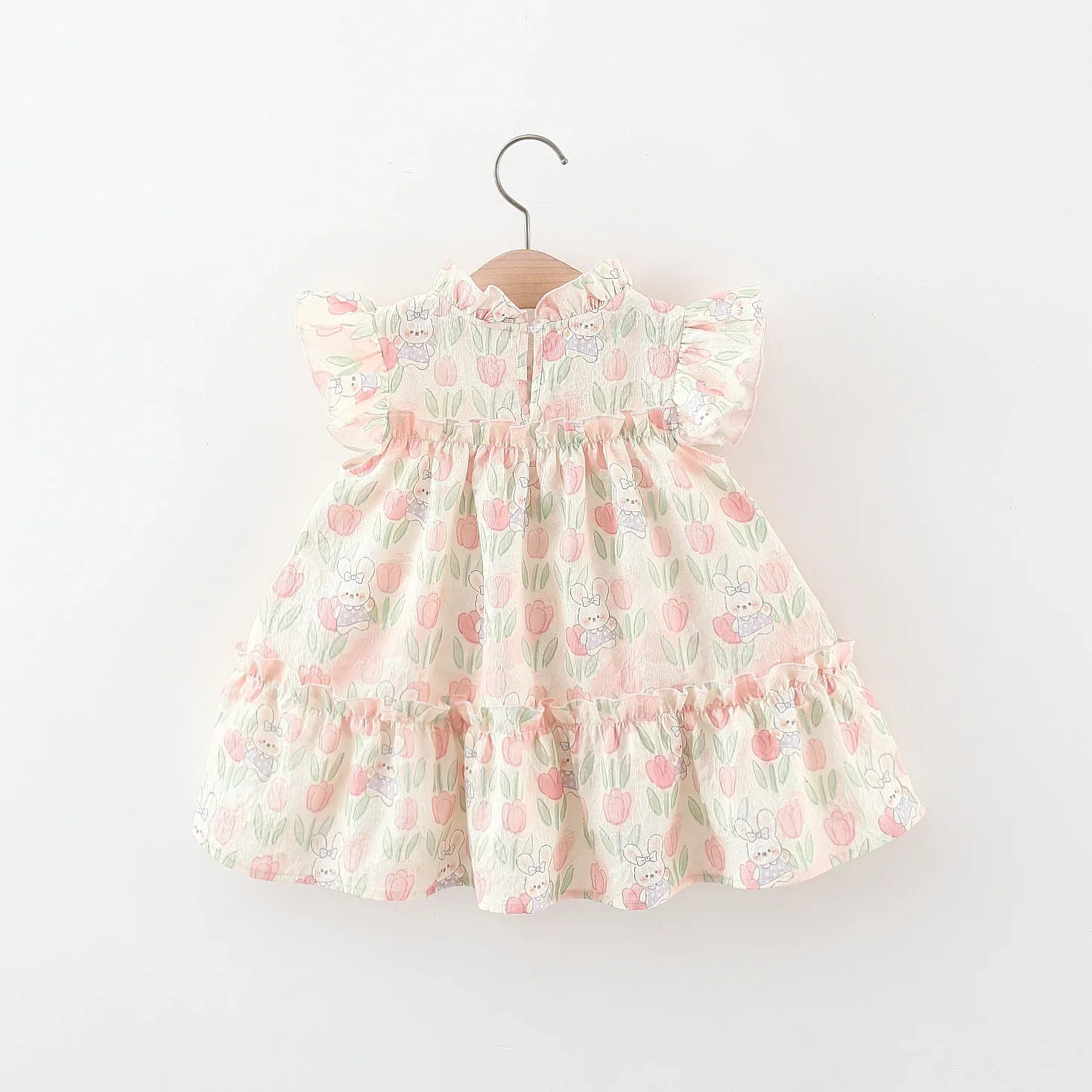 Summer Hardwear Girl Dress Tulip Cartoon Rabbit Print Small Flying Sleeves Flower Neck Bow Ribbon Pattern 250825