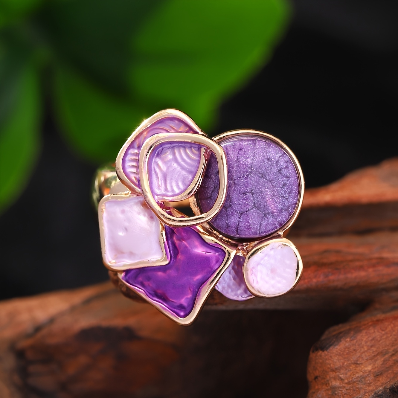 A Women's Fashion Bohemian Elegant Geometric Adjustable Elastic Ring Spring Summer New Zinc Alloy Purple Thin Coating Craft Simple Inlaid Resin S
