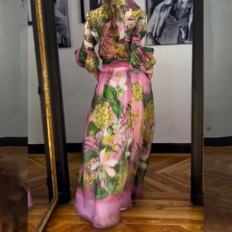 Fashion Lace Up Party Outfit Elegant Pattern Print Autumn 2 Piece Sets Casual Lapel Lantern Sleeve Shirt Long Skirt Suit 250825