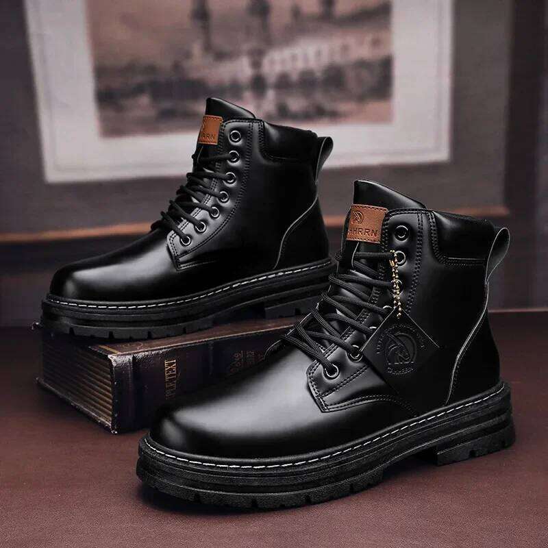High Top Men's Leather Fashion Motorcycle Ankle for Men Winter Boots Man Shoes Lace-Up Botas Hombre