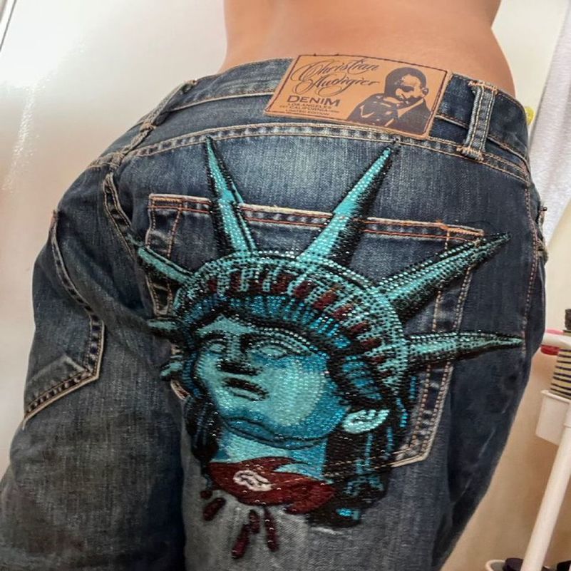 Y2k 2000s Statue of liberty Diamonds Jeans Casual Denim Pants High Waist Straight Wide Leg Harajuku Vintage Women Clothing 250825