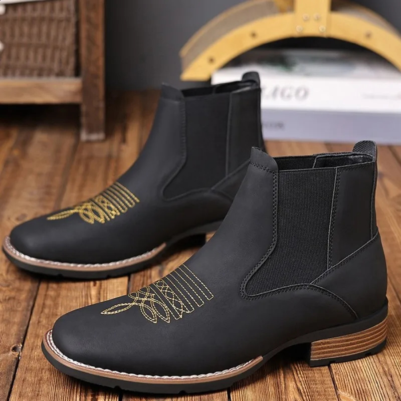 Mens Chelsea Boots High Quality Casual Leather Boots Retro Ankle Boots for Men Embroidery Western Cowboy Boot Botas Masculinas 250823