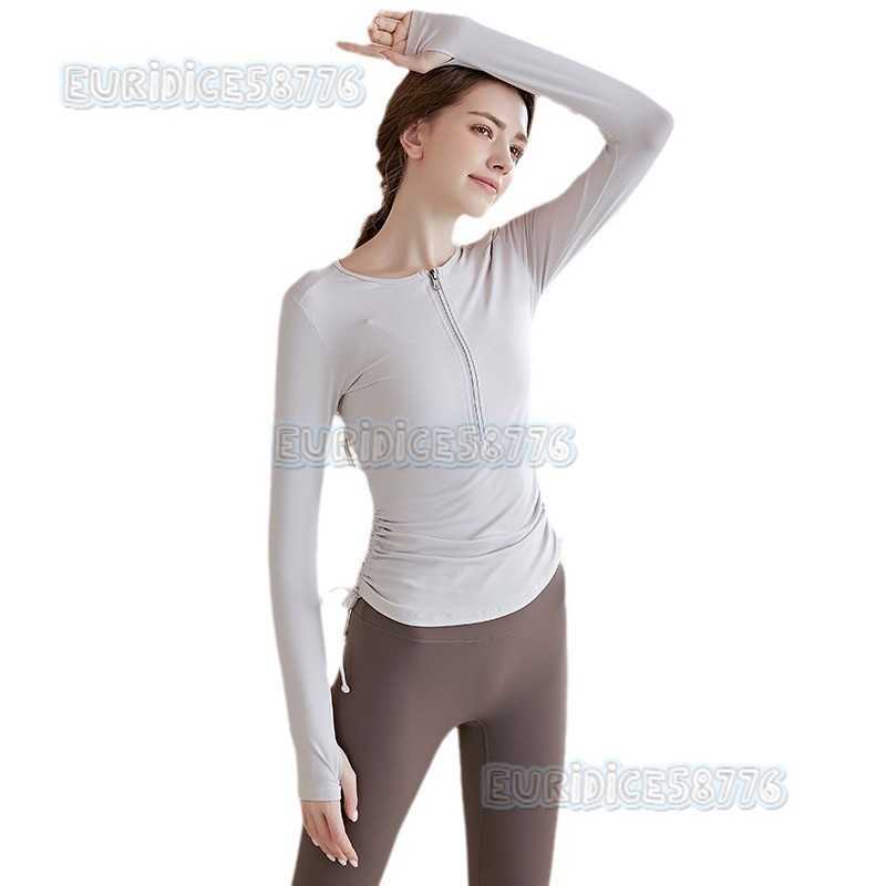 Highend Drawstring Yoga Long Sleeve Tshirt for Women 2025 Autumn Winter Sports Waist Slimming Running Fitness Top H250825