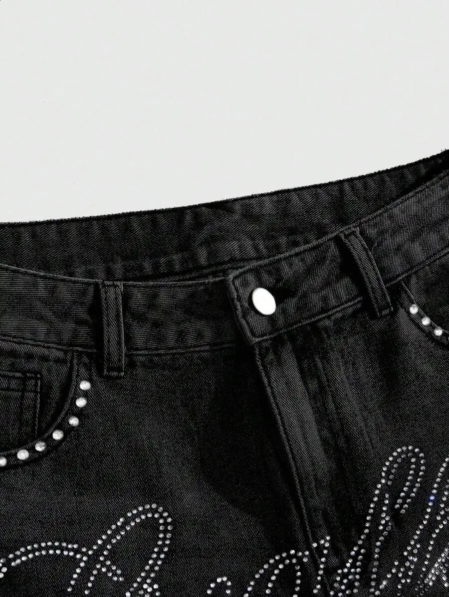 American Black Rhinestone Streetwear Denim Short Y2K Jeans Men Women Hip Hop Cartoon Graphics Loose Denim Fitness Casual Shorts 250826CJ