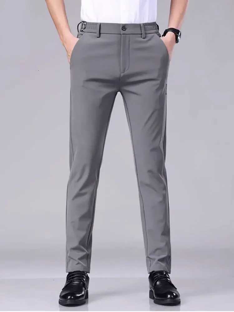 Mens Casual Pants Semi Elastic Waistband Nylon Ice Silk Elastic Straight Tube Light Gray Business Gentleman Summer Casual W250826