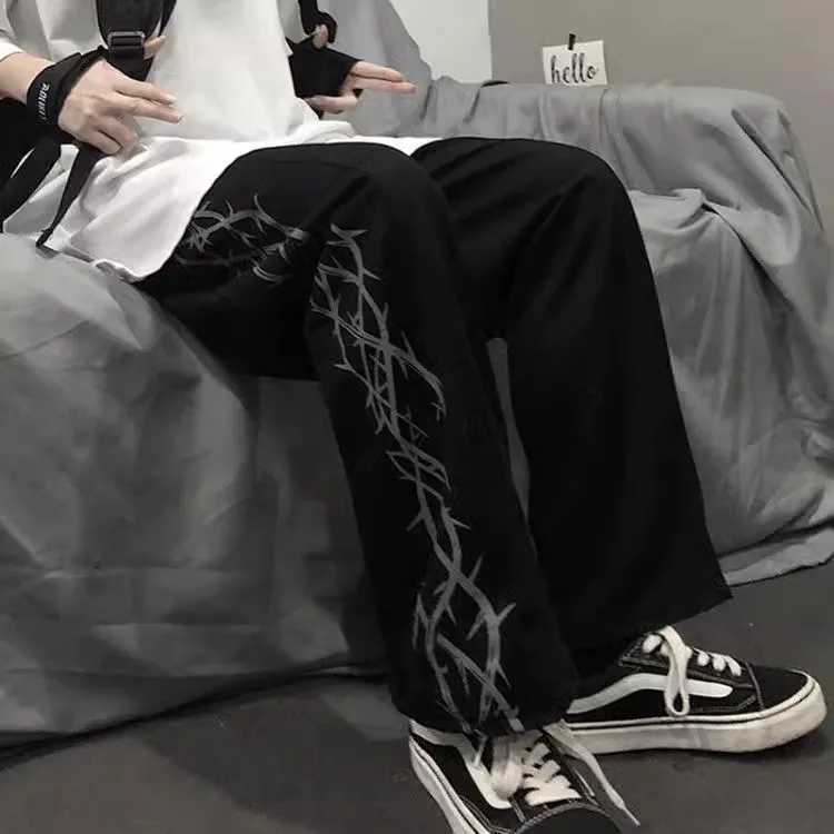 Korean version of the trend of high street retro thorn print Harajuku style loose straight wide leg pants casual pants W250826