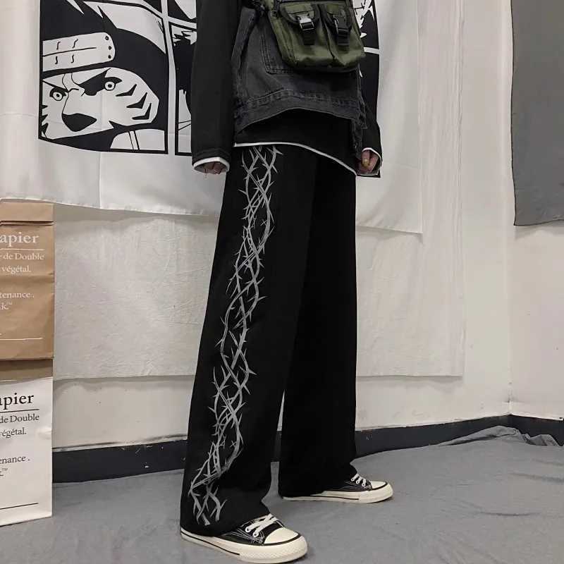 Korean version of the trend of high street retro thorn print Harajuku style loose straight wide leg pants casual pants W250826