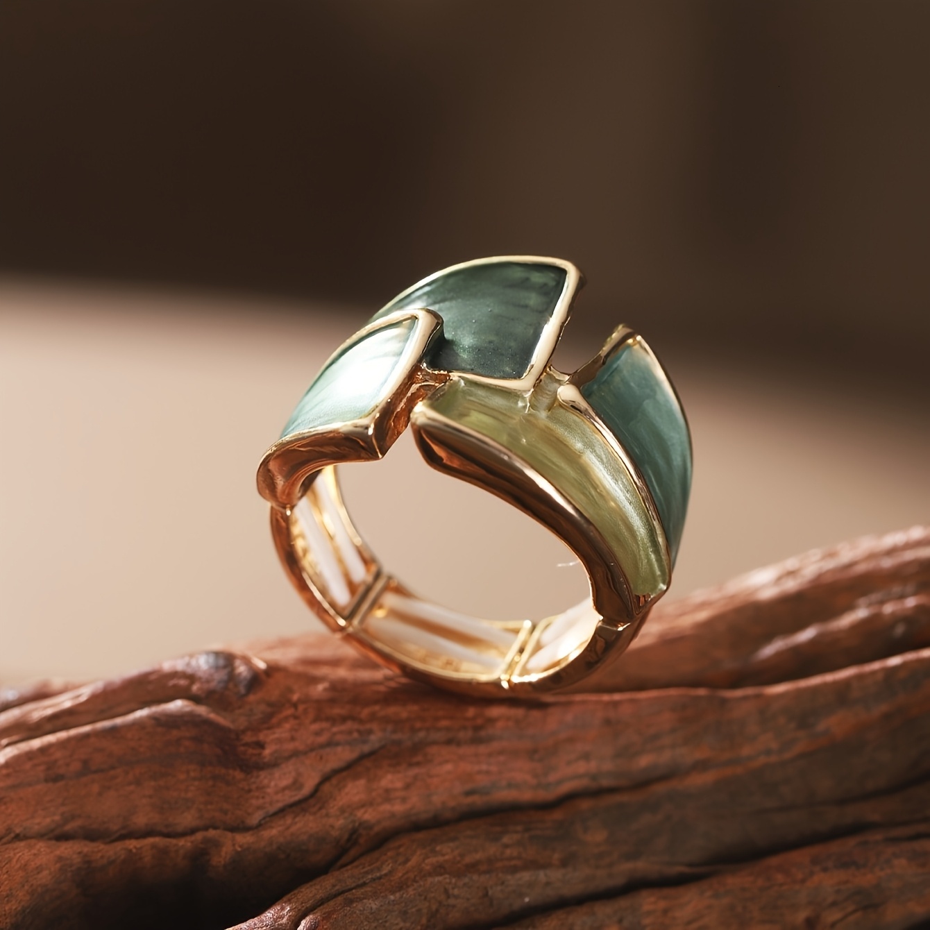 1 Piece Women's Adjustable Elastic Bohemian Geometric Ring - Zinc Alloy Green Thin Coating & Gold Plated, Suitable for Daily Wear, Parties, Gradu