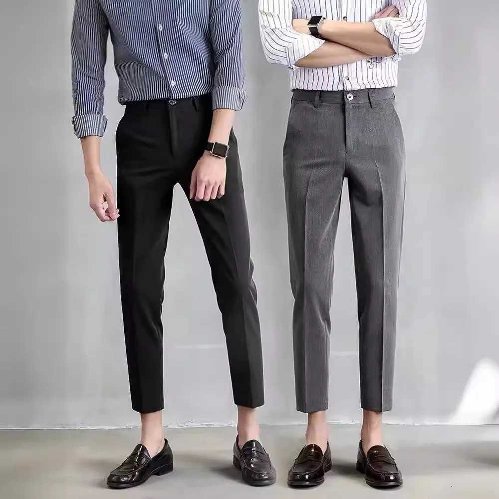 Mens elastic straight leg pants business casual cropped pants mens formal suit pants solid color W250826