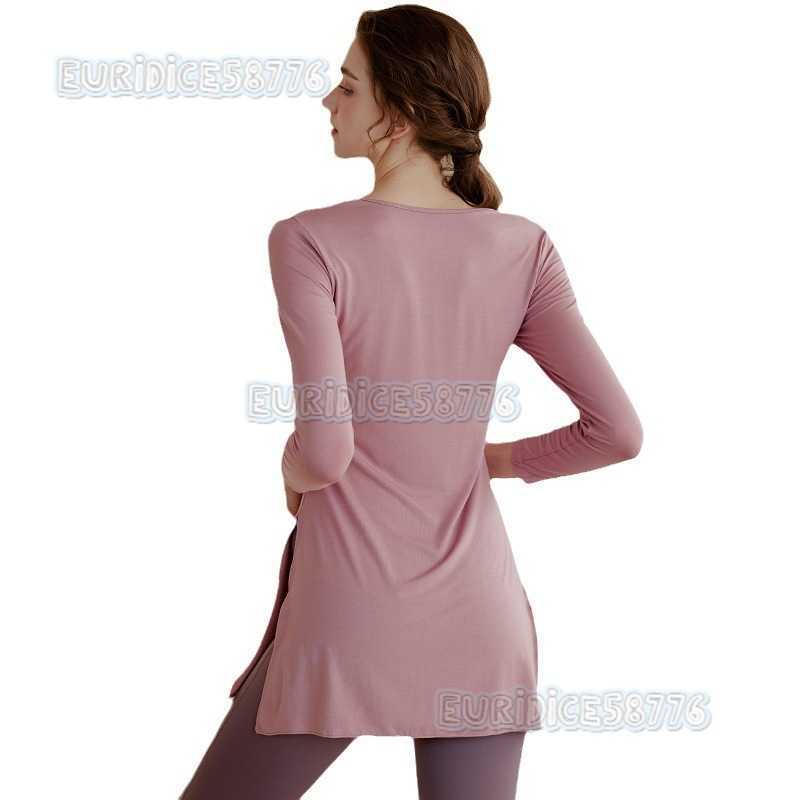 Womens Yoga Clothing Midlength Slimming Hipcovering Long Sleeve Sports Tshirt Loose Breathable Thin Split Fitness Top H250825