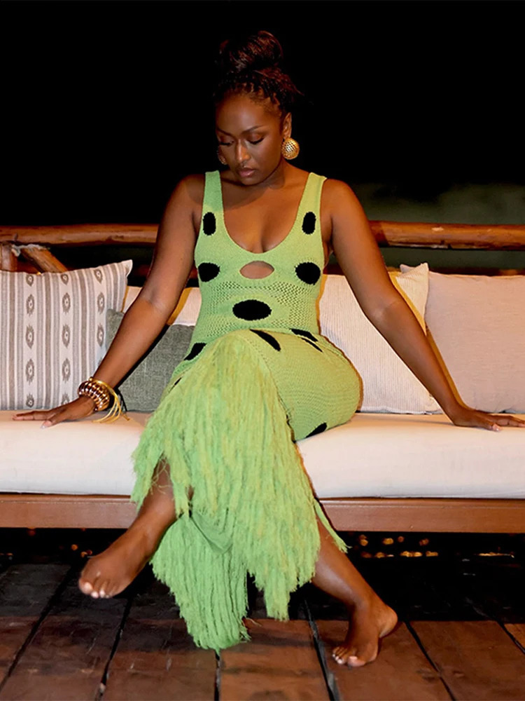 Polka Dot Tassels Knitted Sling Dresses Backless Sleeveless Patchwork Tassels Slim Split Hollow Out Maxi Robe Female Party Gown 250826