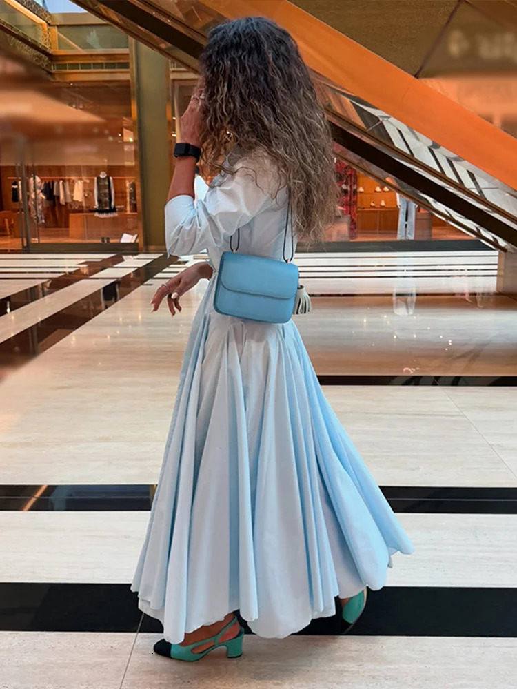 Solid Womens Casual Pleated Long Dress Fashion Lapel Full Sleeve Button Maxi Dress Lady 2025 Early Autumn Chic Street Robes 250825