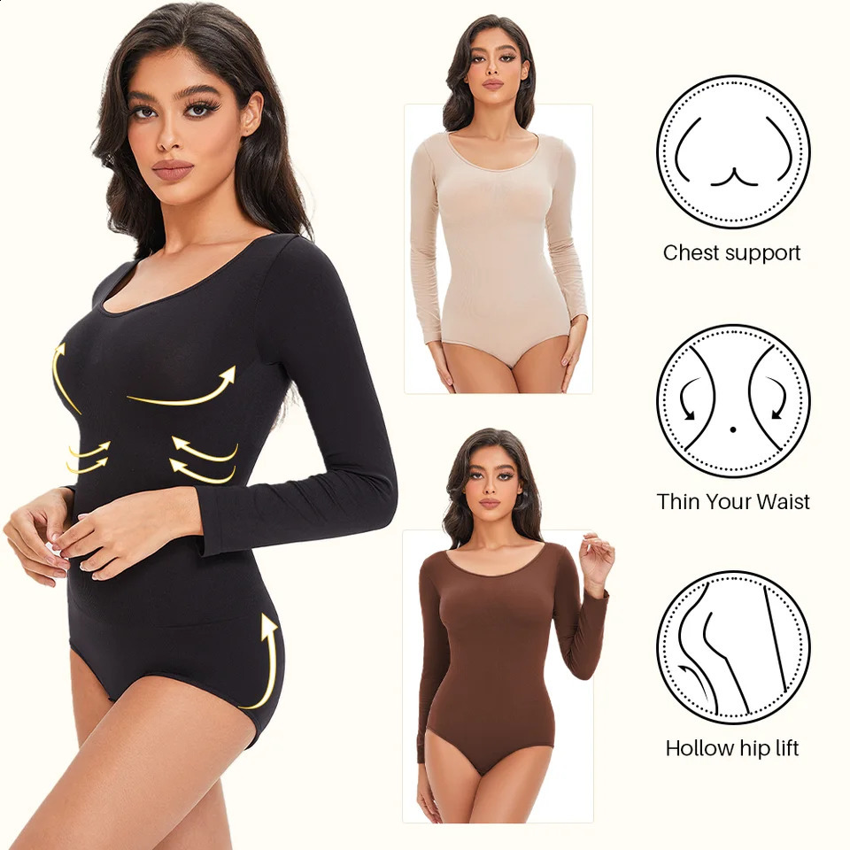 POKARLA Spandex Elastic Body Suit Shapewear Women Shaper Tummy Control Long Sleeve Open Crotch Round Neck Seamless Shapers 250826