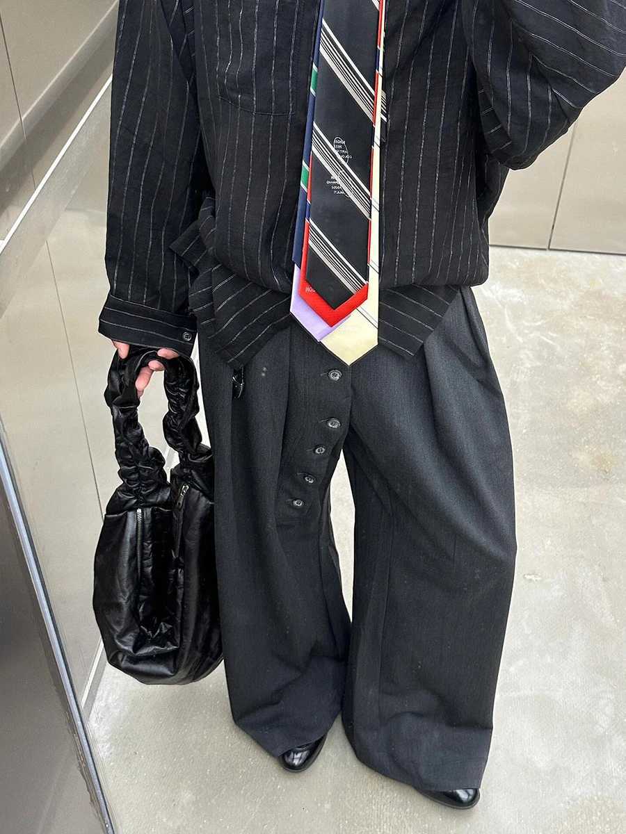 REDDACHiC Men Buttoned Pleated Front Suit Trousers Cleanfit Black Elastic Waist Wide Leg Dress Pants Office Work Casual Clothing W250826