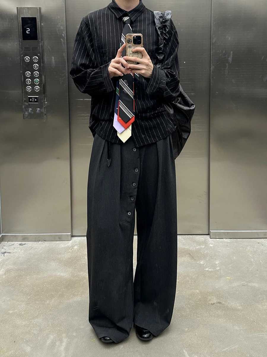 REDDACHiC Men Buttoned Pleated Front Suit Trousers Cleanfit Black Elastic Waist Wide Leg Dress Pants Office Work Casual Clothing W250826