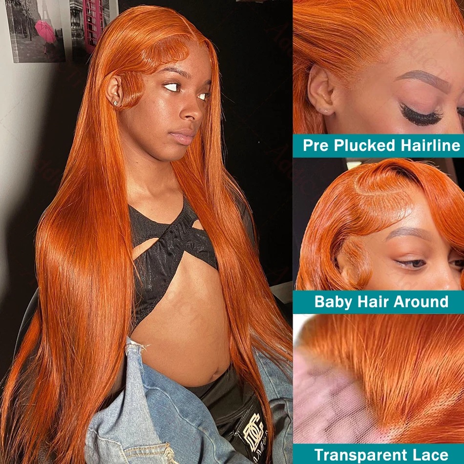13x6 Hd Lace Front Wig Gluelesss Ginger Orange Silky Bone Straight Human Hair Wigs High 220% Density 13x4 Transparent Lace Frontal Remy Hair Wig