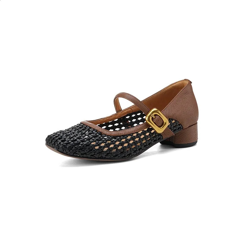 Vintage Leather Square Toe Woven Hollow-out Mary Jane Shoes Womens Shallow-cut Square Toe Thick Heeled Sandals 250821