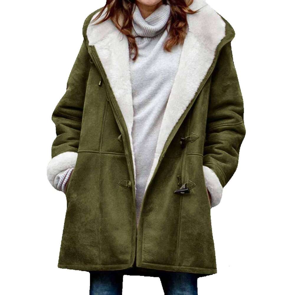 2021 Long Sleeve Horn Button Women's Fleece-Lined Warm Jacket