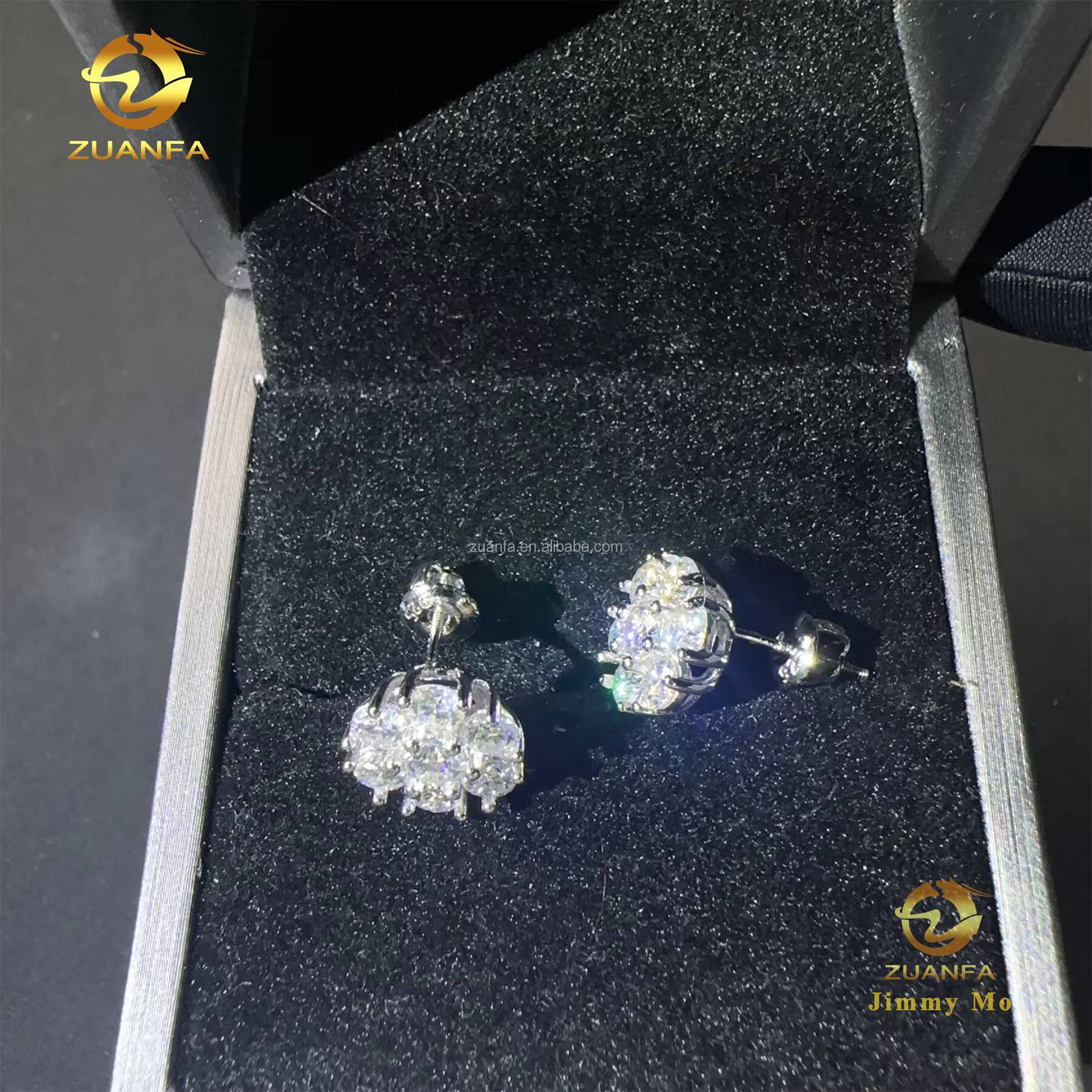 Bulk Stock Flower Shape Drop Shipping Luxury Iced Out Hip Hop Sterling Silver 925 Screw Back Moissanite Cluster Stud Earrings