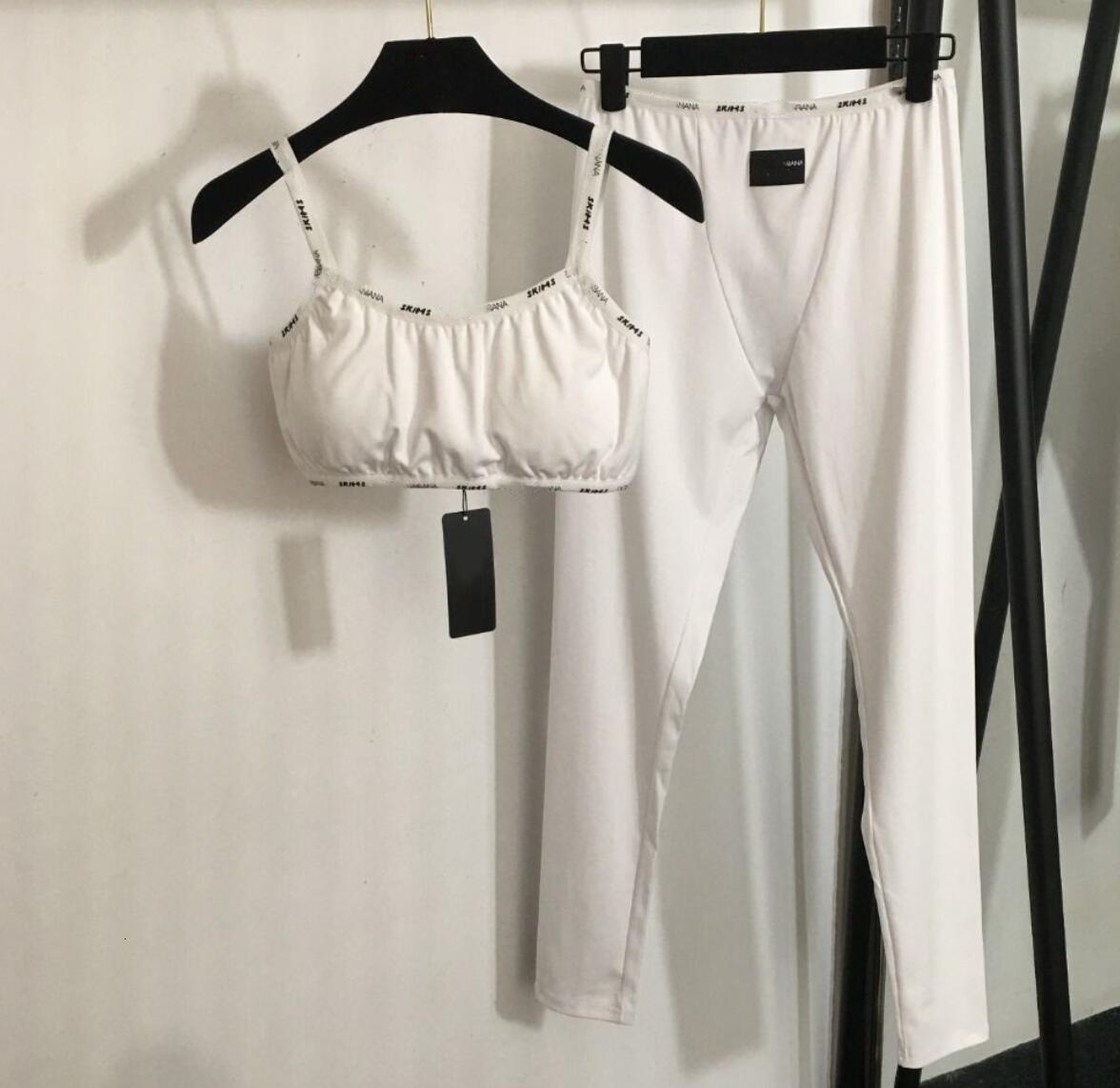 Designer women sexy padded spaghetti strap logo letter print bustier vest and leggings set yoga sports tracksuit SMLXL