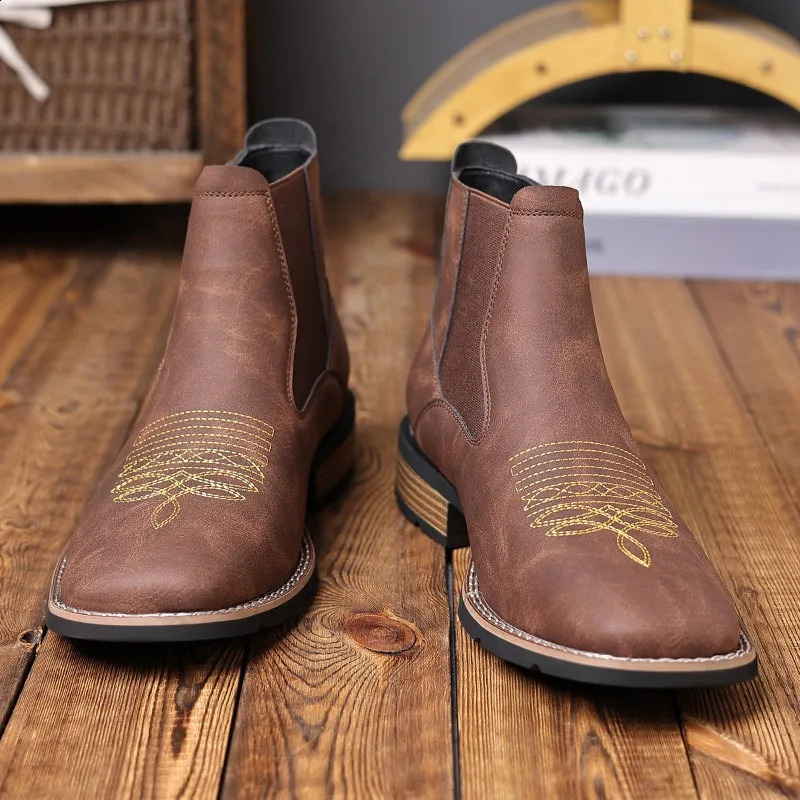 Mens Chelsea Boots High Quality Casual Leather Boots Retro Ankle Boots for Men Embroidery Western Cowboy Boot Botas Masculinas 250823
