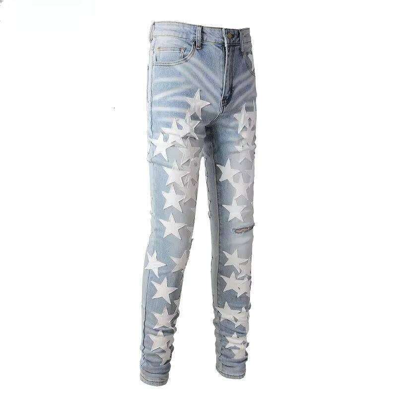 Men's Slim Fit Hip Hop Streetwear Denim Jeans Distressed Leather Star Patch Zipper Crotch Stack Ripped Stretch Design