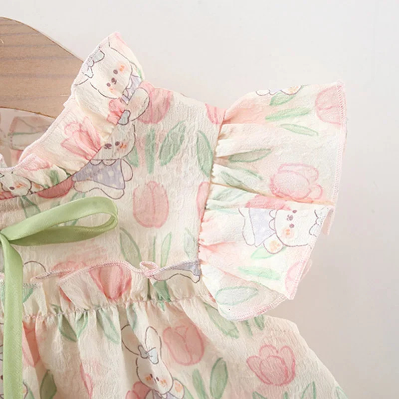 Summer Hardwear Girl Dress Tulip Cartoon Rabbit Print Small Flying Sleeves Flower Neck Bow Ribbon Pattern 250825