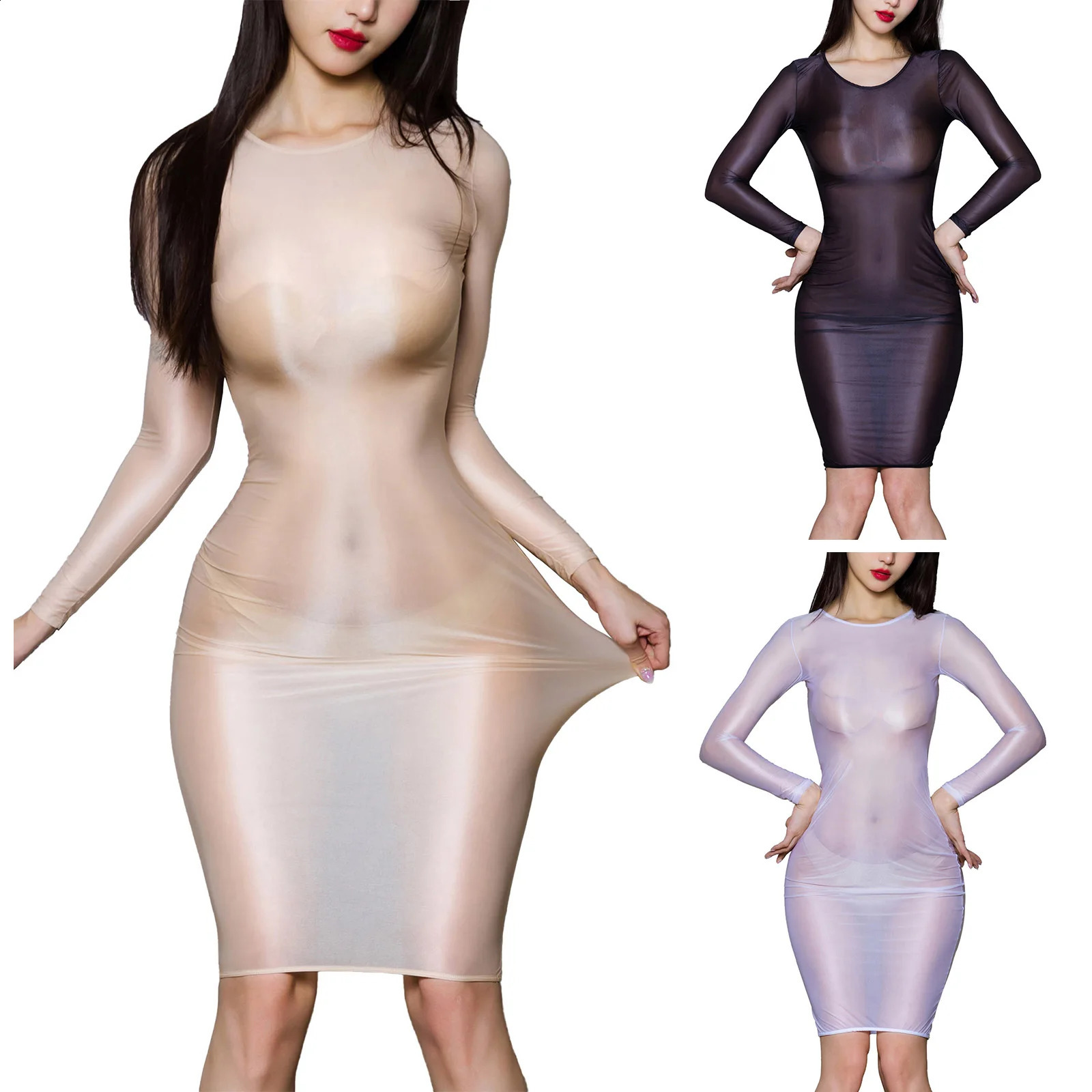Women Sheer SeeThrough Bodycon Dress Glossy Long Sleeve High Stretch Skinny Mini Dress Tempting Lingerie Club Rave Party Wear 250826