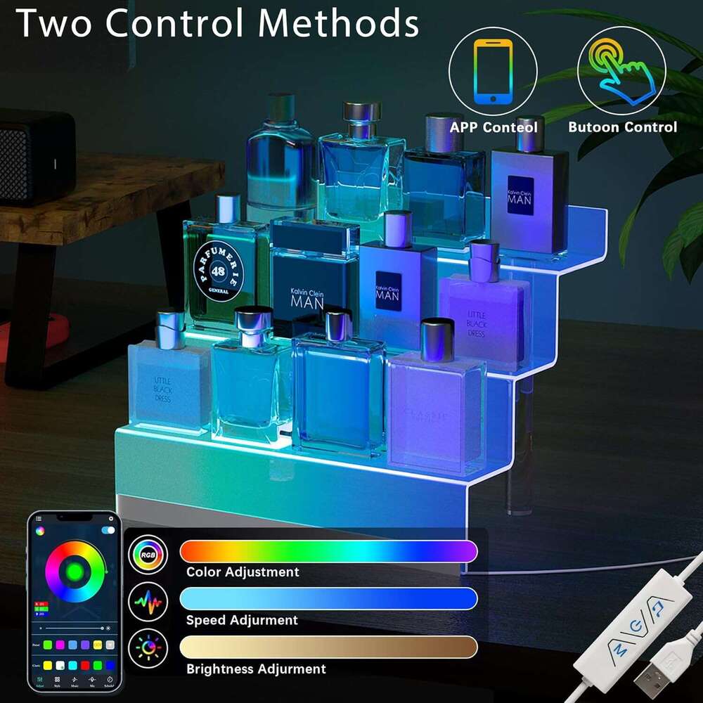 12 Acrylic with LED Light - 3 Tier Perfume Stand and Display Step Shees Holder, Cologne Organizer for Men, Figures Stand, Porta Perfumes Para Tocador,