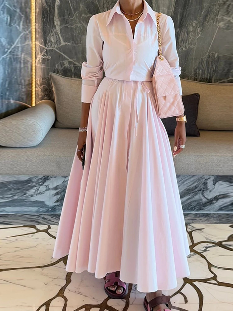 Elegant Solid Shirt Maxi Skirt Dress Set Womens Formal Long Sleeve Lapel Shirts Aline Skirts Loose Fit Office Female Outfit 250825