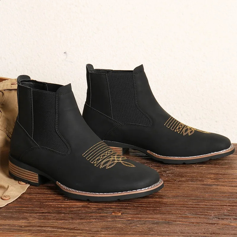 Mens Chelsea Boots High Quality Casual Leather Boots Retro Ankle Boots for Men Embroidery Western Cowboy Boot Botas Masculinas 250823