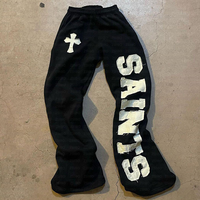 Men's Pants Harajuku Cotton Vintage Straight-leg Kiwi Gothic Y2K Pattern Printed Sweatpants Loose Black Versatile Wide-leg