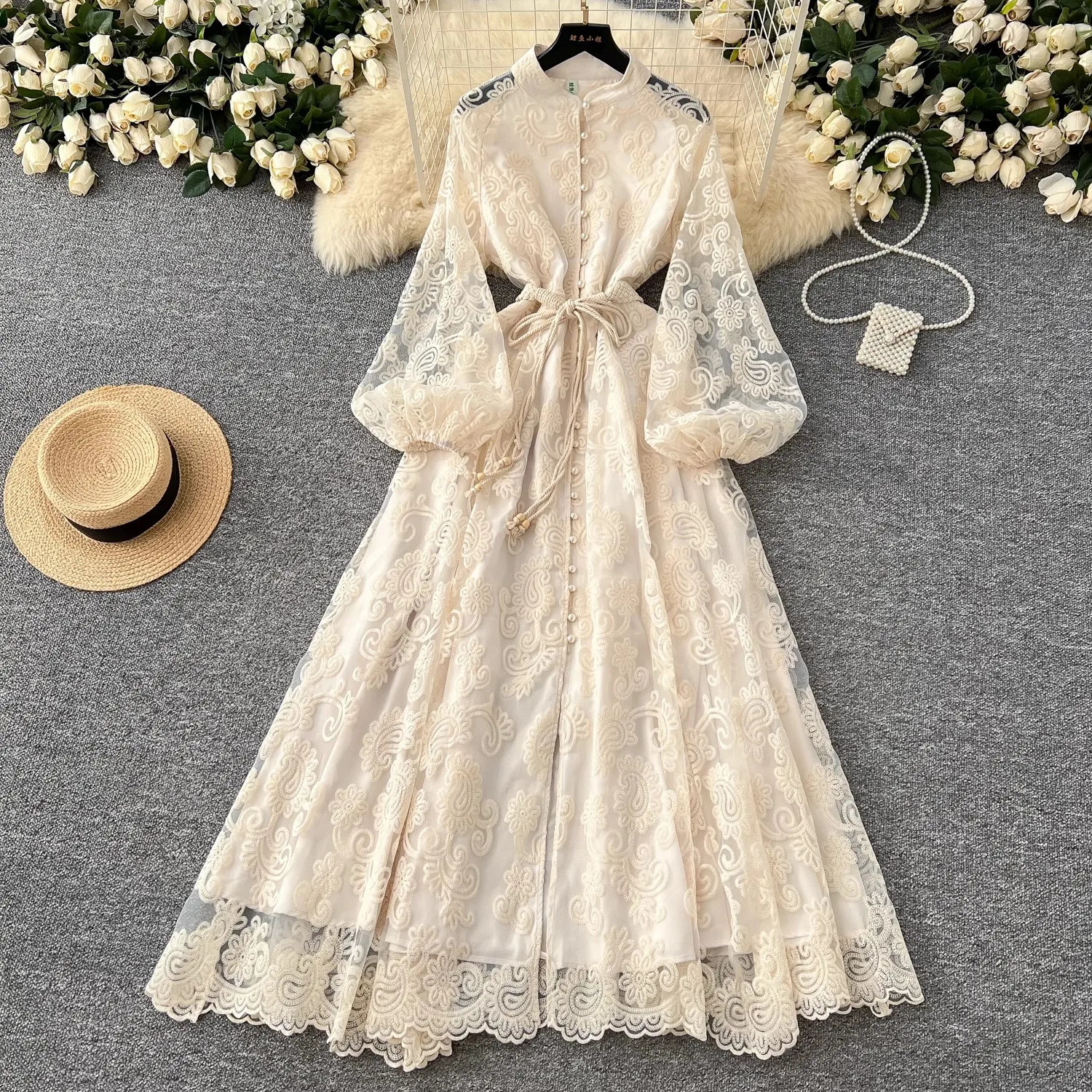 Summer Runway Flower Lace Embroidered Dress French Women Stand Lanetern Sleeve Elegant Sashes Vintage Party Long Robe Vestidos 250825