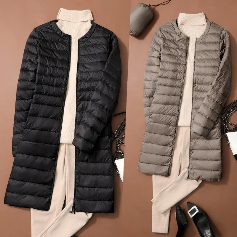 Autumn Winter Ultralight Women Long Duck Down Coats Korean Style ONeck Feather Liner Collarless Puffer Jackets 250826