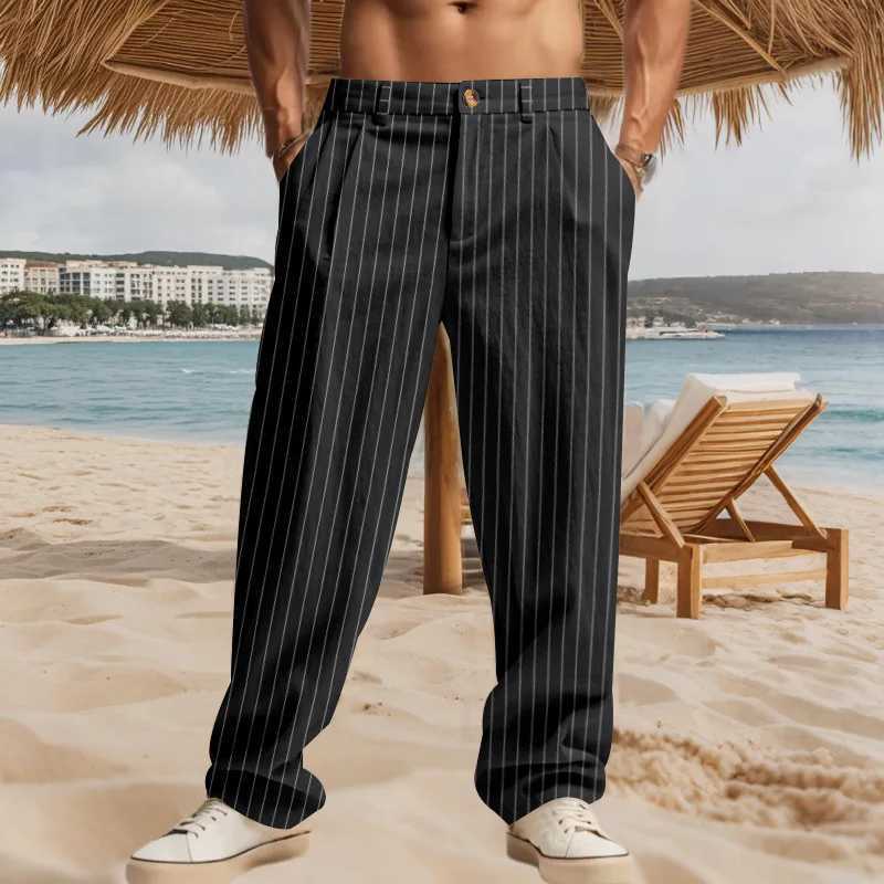 Crossborder Spring and Autumn Linen Mens Casual Pants Thin Striped Zipper Straight Pants Mens W250826