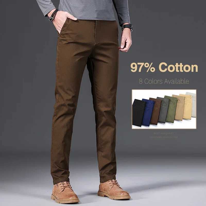 97 Cotton Mens Casual Pants Autumn Fashion Comfortable Elastic Slim Straight Business Trousers Black Army Green Khaki W250826