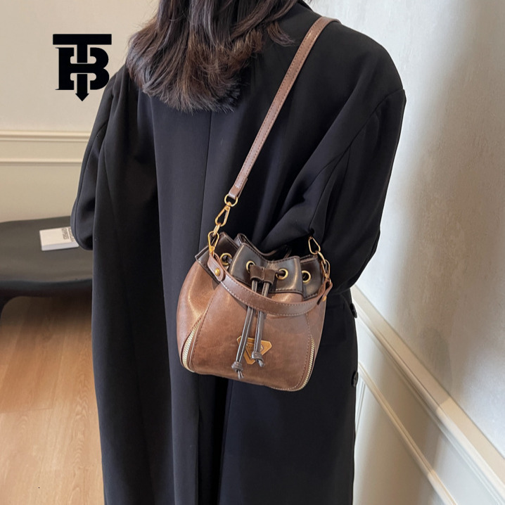 TB BHULAMTE Designer Luxury Retro Simple Women's Splicing Handheld Bucket Bag Versatile Single Shoulder Crossbody Bag Large Capacity Shopping Bag