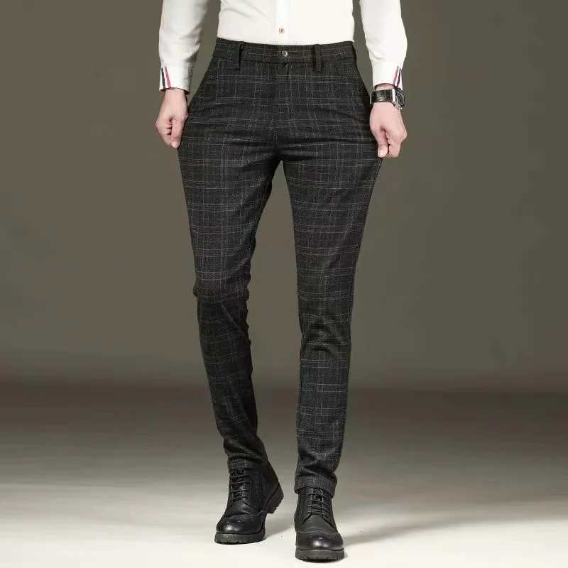 Fashion Black Gray Casual Trousers Mens Straight Fit Long Pants Striped Plaid Four Seasons High Quality Brand Business Trousers W250826