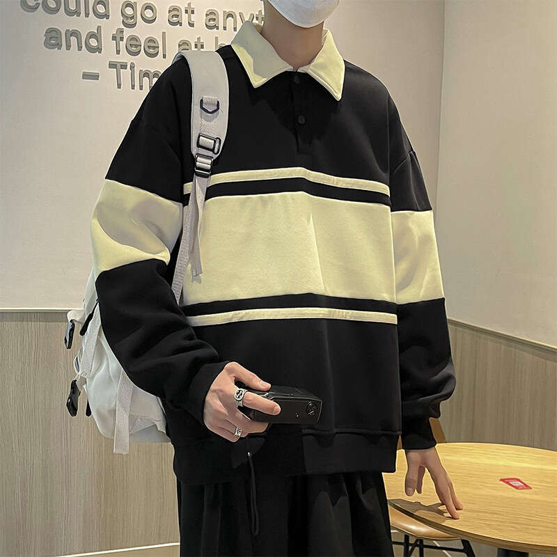 American Color Block Sweatshirt Unisex Loose Polo Shirt Couple Outfit Turn-down Collar Outerwear Ins Style Cool National Trend Top