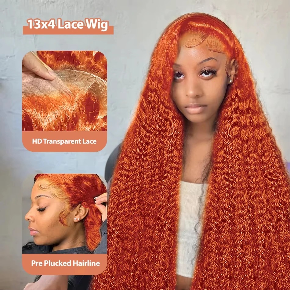 Orange Colored Water Wave High Density 13x6 Hd Lace Frontal Human Hair Wig Gluelesss Preplucked Deep Wave Pre-Cut 30 Inch Ginger Curly Wigs Ready To W