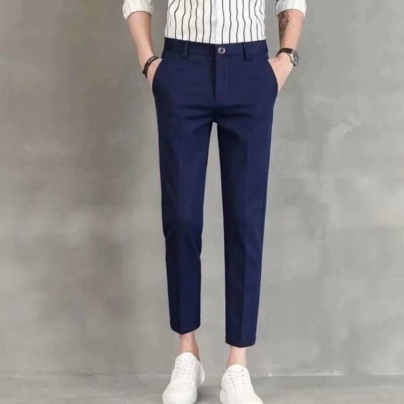 Mens elastic straight leg pants business casual cropped pants mens formal suit pants solid color W250826