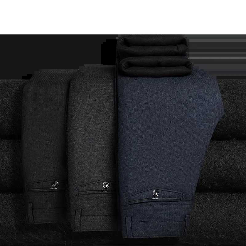 Mens Fleece Lined Suit Pants Business Casual Loose Straight Black Formal Dress Pants Navy Blue Thick Warm Trousers W250826