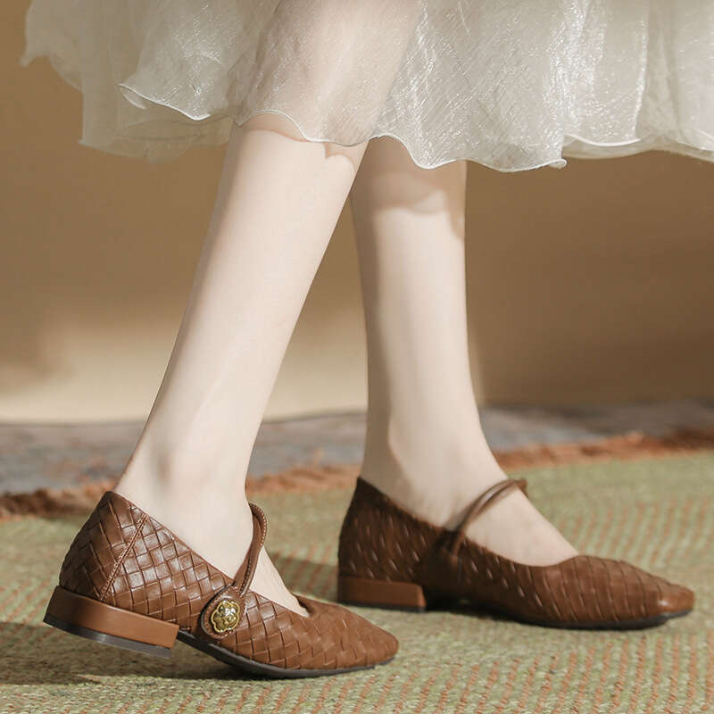 Lanjia- H263-6 Internet Celebrity Breathable Square Toe Mary Jane Women's Shallow Mouth Plaid Pattern Low Chunky Heel Single Shoes Women Autumn W